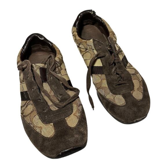 Authentic Coach Size 7.5 Brown Kelson Suede Flawed Sneakers Signature Logo - Picture 1 of 6